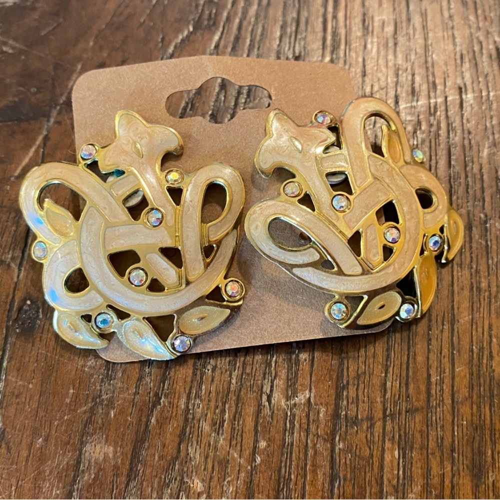 Vintage Edgar Berebi Signed Cream Enamel Rhinestone Shell Earrings